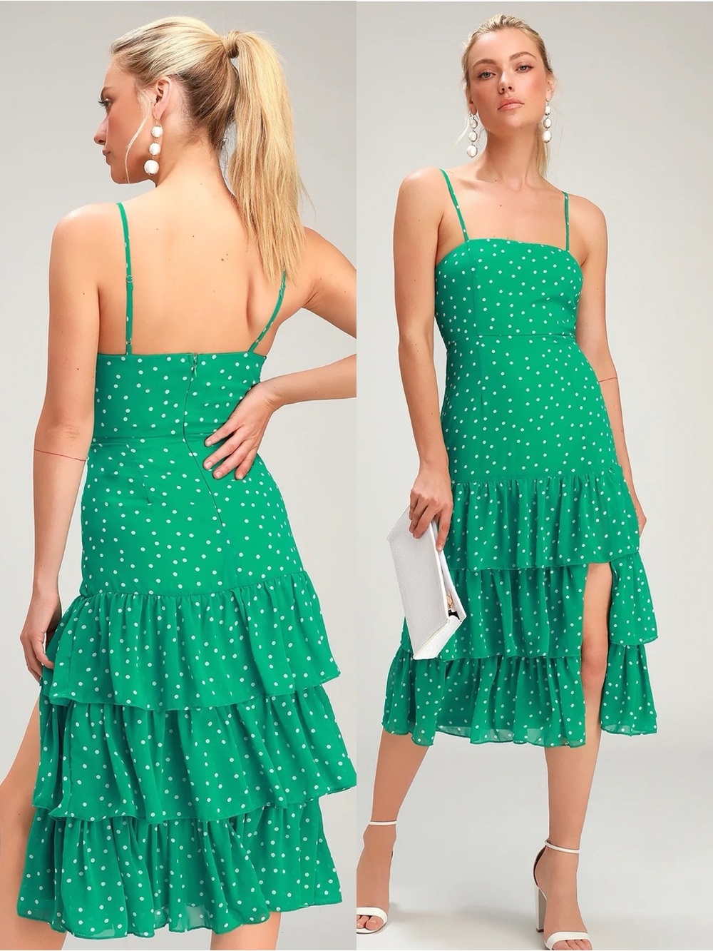NWT Lulu’s Nellie Green Polka Dot Ruffled Midi Dress Medium Flirty New Preppy